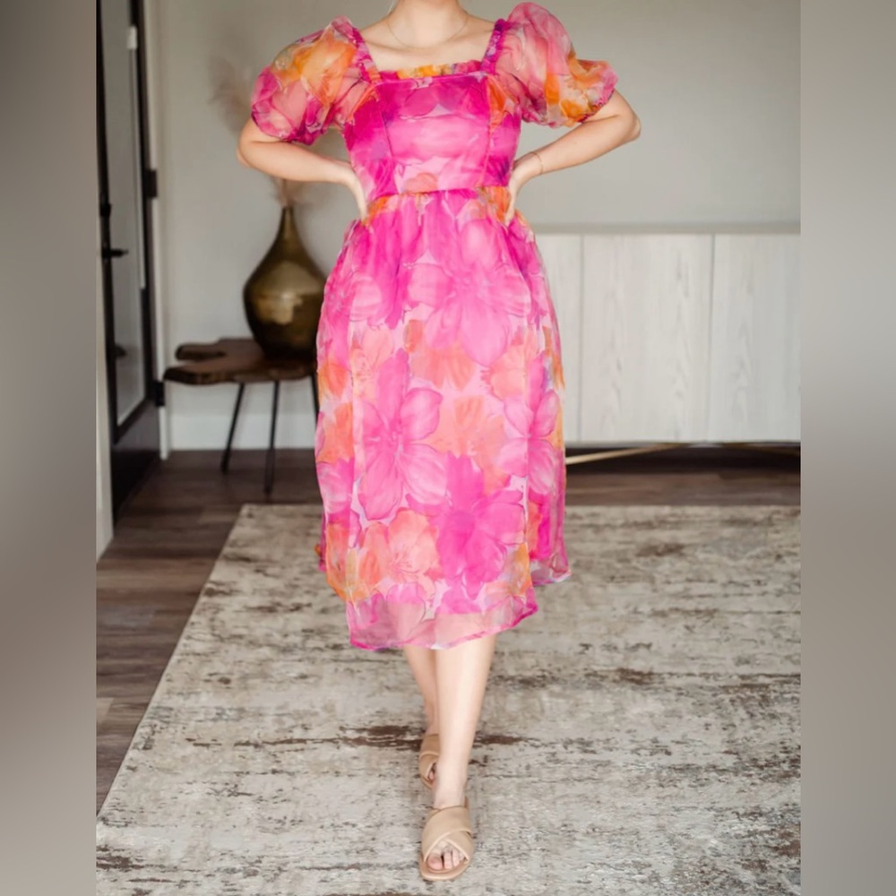 Listiele pink floral puff sleeve midi dress